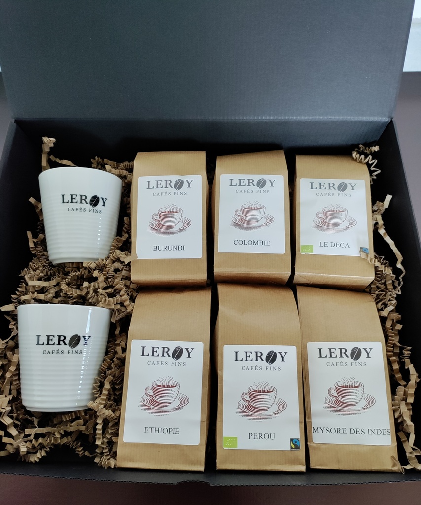 Coffret découverte " les Cafés Fins Leroy " Sélection de 6 Cafés Pure Origine et 2 mugs 